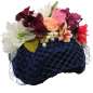 Preview: Blauer Samt Half Hat / Fascinator mit Schleier & bunten Blumen