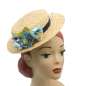 Preview: Flat straw hat & blue flower corsage - vintage style canotier hat with flowers.