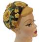 Preview: Large green yellow half hat made of velvet with precious flower lace - bandeau hat in vintage loo