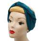 Preview: angezogen, flach gebunden: Petrol farbenes Turban Haarband mit Draht