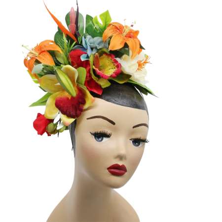 Extravagant headdress with exotic flowers