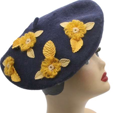 beret blue ochre flowers wool vintage rockabilly