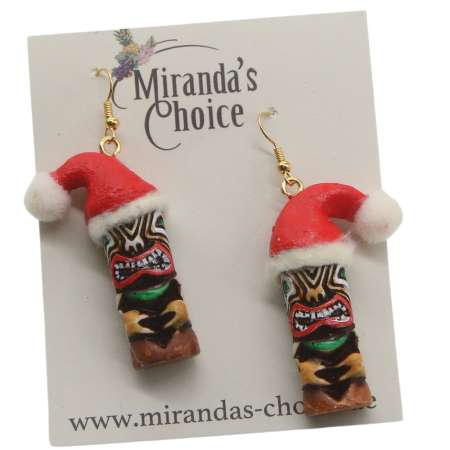 Earrings with painted Christmas tiki figure
