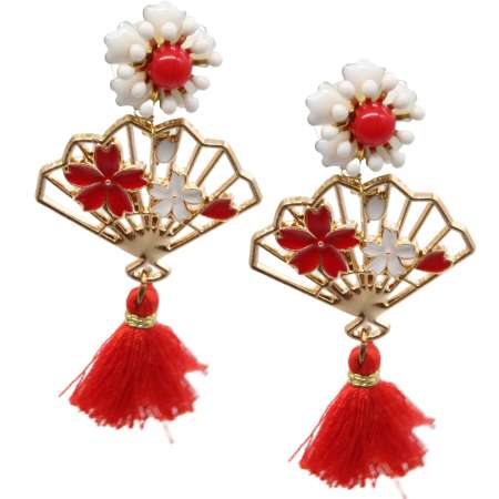 Enameled earrings with red white fan