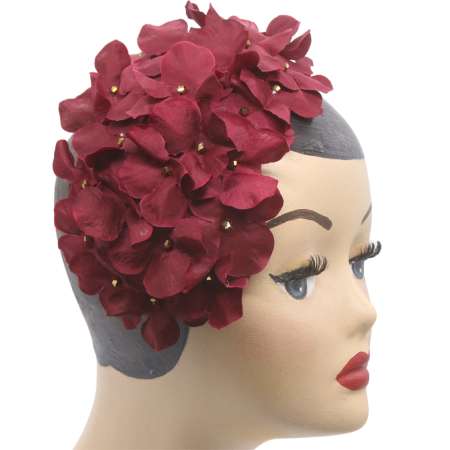 half hat dark red flowers hydrangeas vintage pearls