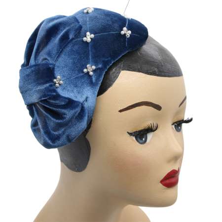 bandeau hat in steel blue vintage velvet bow rhinestones