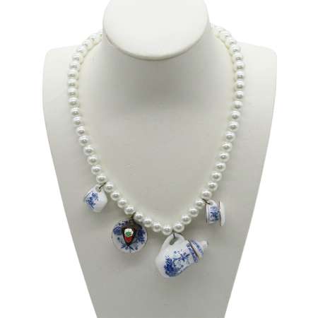 blue white Necklace with Miniature Porcelain