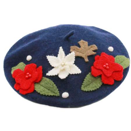 Dark blue beret with red Flowers