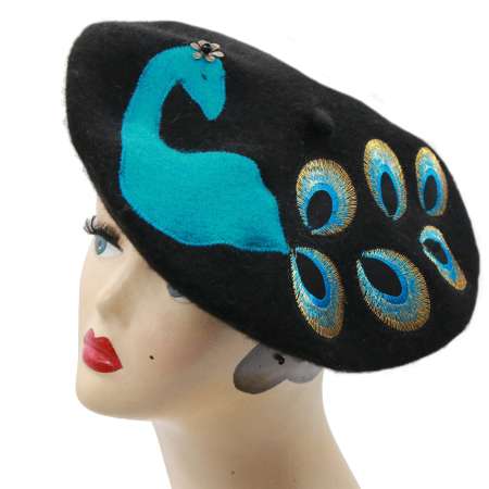 Black beret with peacock
