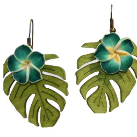 Earrings with dark green frangipani flower on monstera leaf