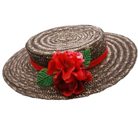 brown Canotier straw hat with red flowers