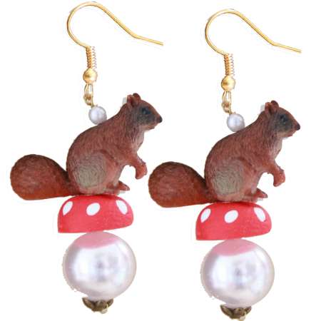 Earrings with squirrel on a toadstool.