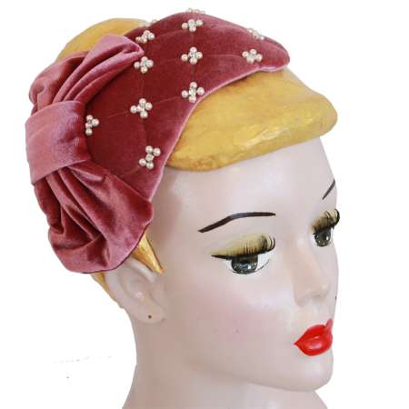 Pink Velvet Half Hat/ Fascinator with Beads & Bow