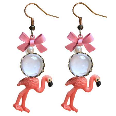 Earrings with Flamingo and Bow in Pink