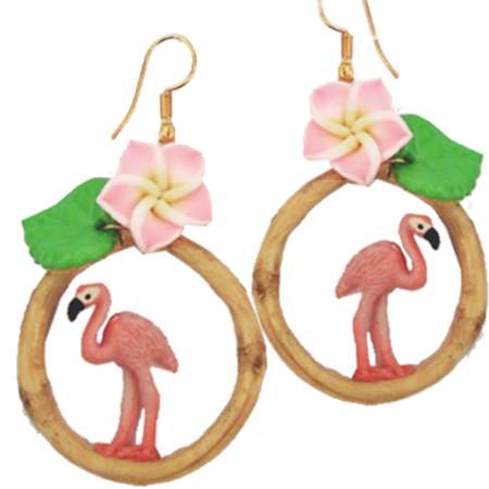 Earrings with bamboo ring and flamingo