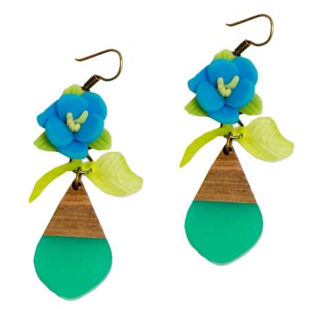 Drop earrings acrylic & wood in turquoise/ brown