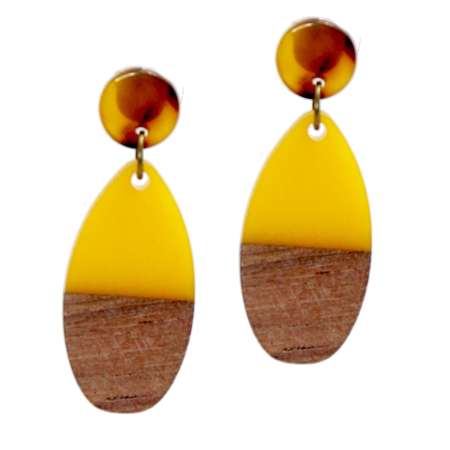 Wood & Acrylic Pendant Stud Earrings - Yellow & Brown