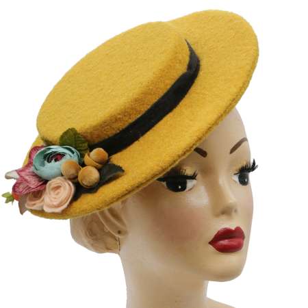 Small Boater hat made of wool fabric in ochre with small flowers