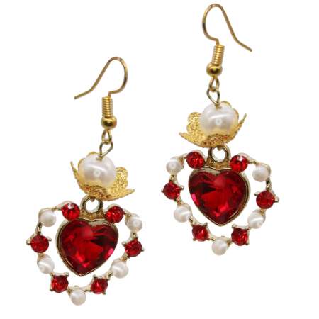 Earrings in red-gold with rhinestones and pearls in heart shape