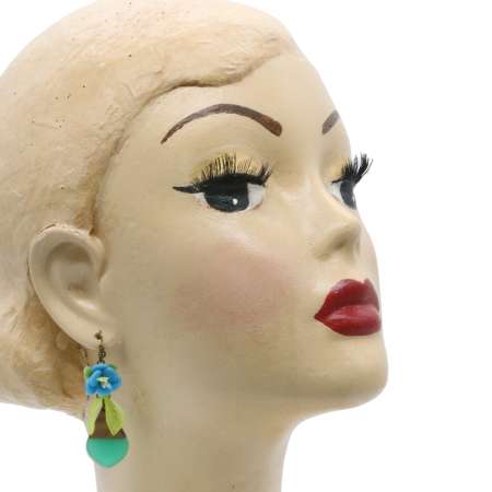 head with Turquoise & Flower - Wood & Acrylic - Earrings