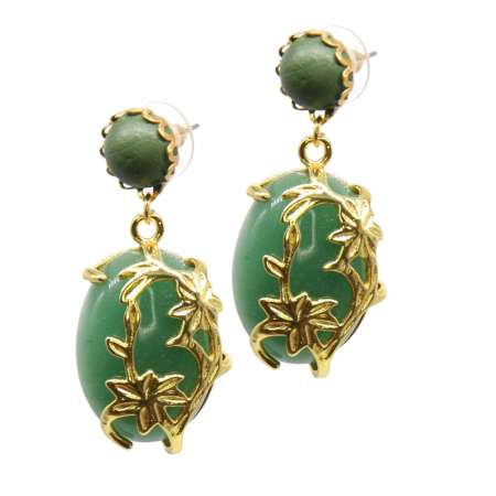 Earrings with olive green gem stone, gold setting