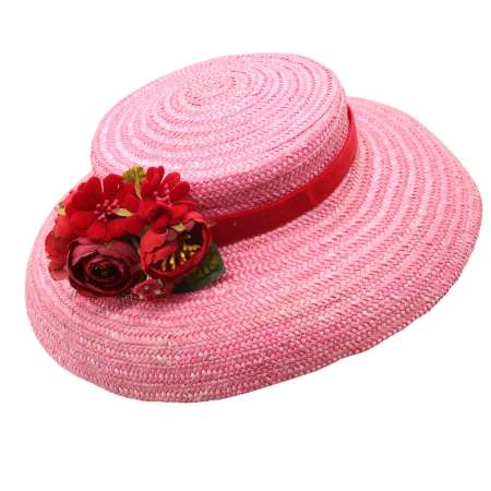 pink mushroom straw hat red flowers