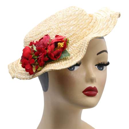 Straw hat handmade red flowers waves
