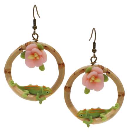 Earrings with Bamboo Ring, Chameleon & Pink Flower