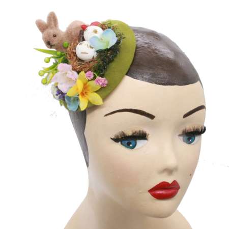 Green Fascinator with flowers and rabbit  02