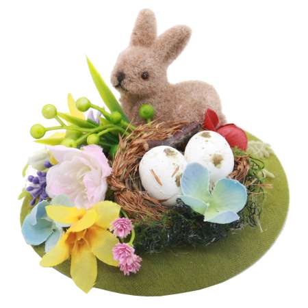 Green Fascinator with flowers and rabbit