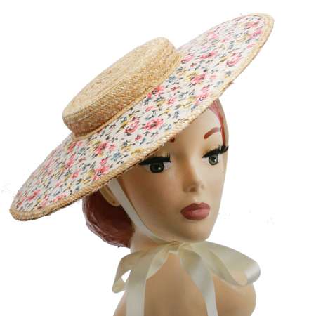 Large white Hat with Wide Brim with Flowers