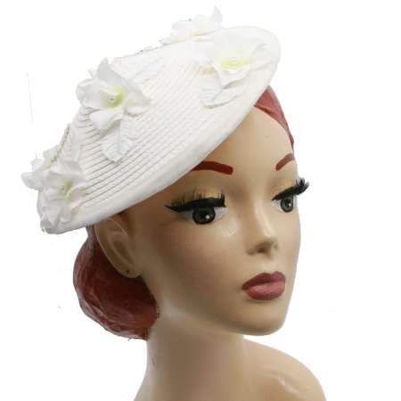 conical hat white straw raffia nature blue flowers Asia vintage hat coolie