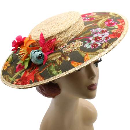 Cartwheel hat colorful flowers vintage