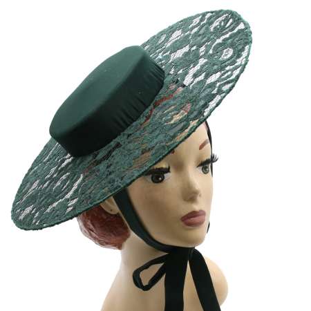 big dark green Cartwheel Hat with Wide Brim with lace