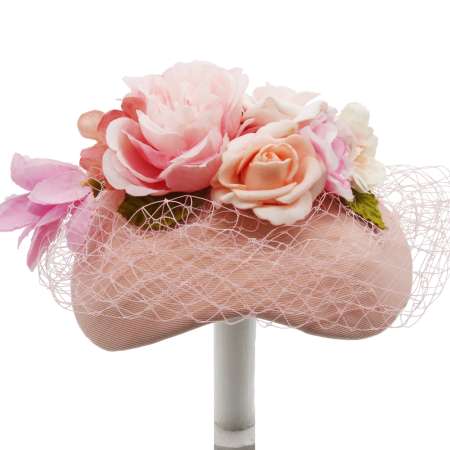 Fascinator/ Small Half Hat pink flowers net