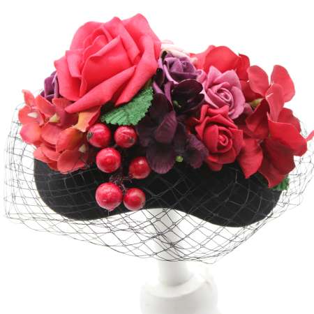 half hat vintage style red, black flowers