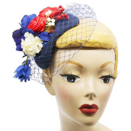 Fascinator/ Small Half Hat blue, red, white flowers net