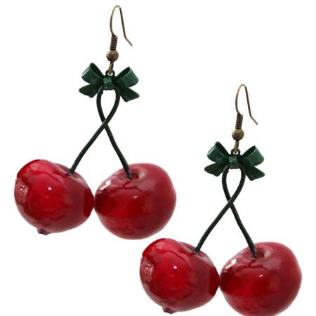Earrings with two deceptively real cherries.