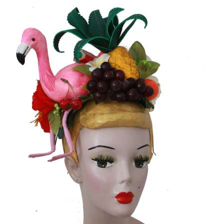 Crazy Flamingo Kopfschmuck - großer Fascinator mit Flamingo & Früchten