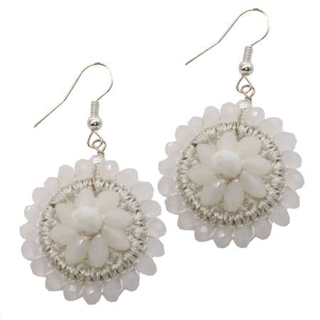 Earrings with white flower woven from pearls