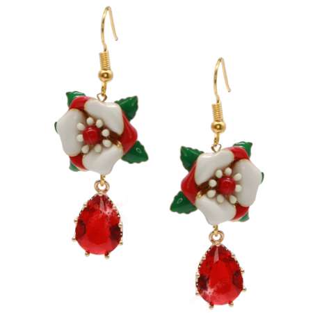 Sparkling earrings with enamel flowers and red drop pendant
