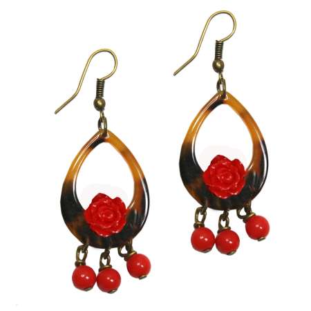 Drops with roses in red - acrylic earrings vintage style