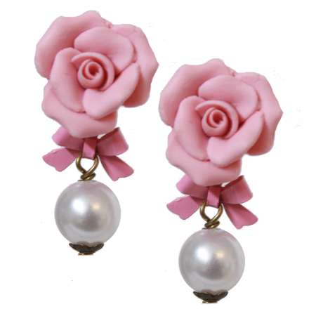 Stud earrings with pearl & large pink rose