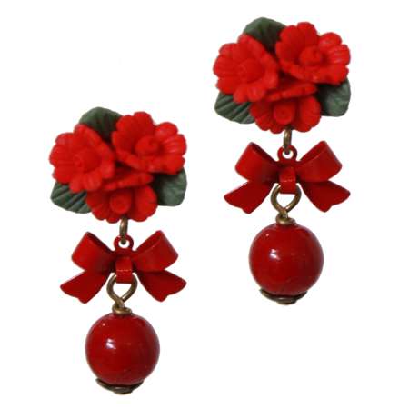 Red Roses and Pearl - Vintage Style Earrings