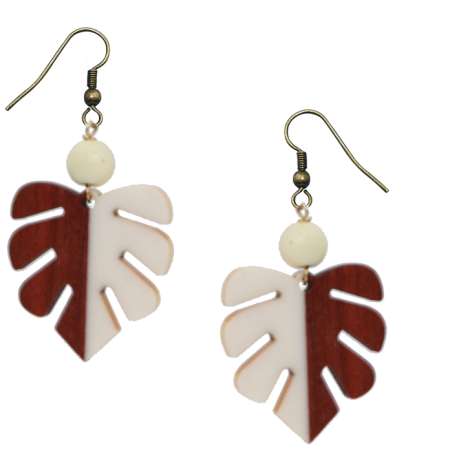 Wood & Resin Leaf Earrings in Brown & White