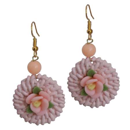 Earrings with Rattan Ring & Pink Flower