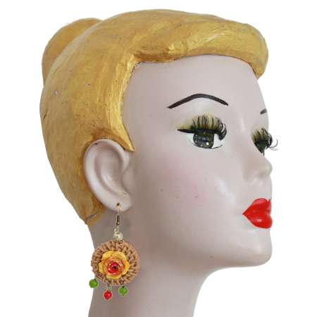 head with Earrings with Rattan Ring, Yellow Flower & Pearls
