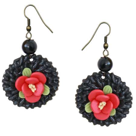 Earrings with black rattan ring and red flower