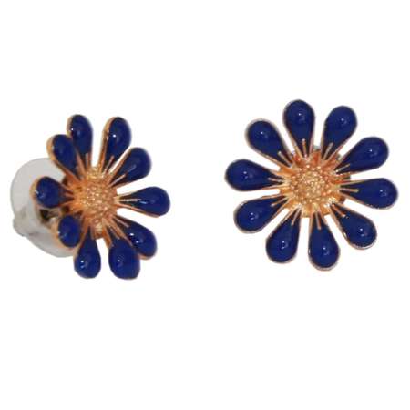Stud Earrings Dark Blue Flowers Enamel