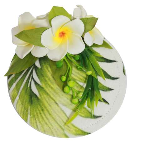 White-green fascinator with Frangipani flowers and palm leaves